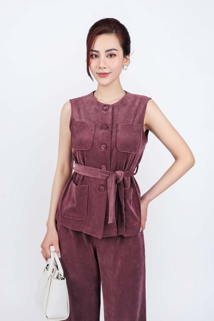 BAK93250 - Áo kiểu gile vải nhung cổ tròn thân áo đính khuy bọc có túi kèm dây đai thời trang - PANTIO