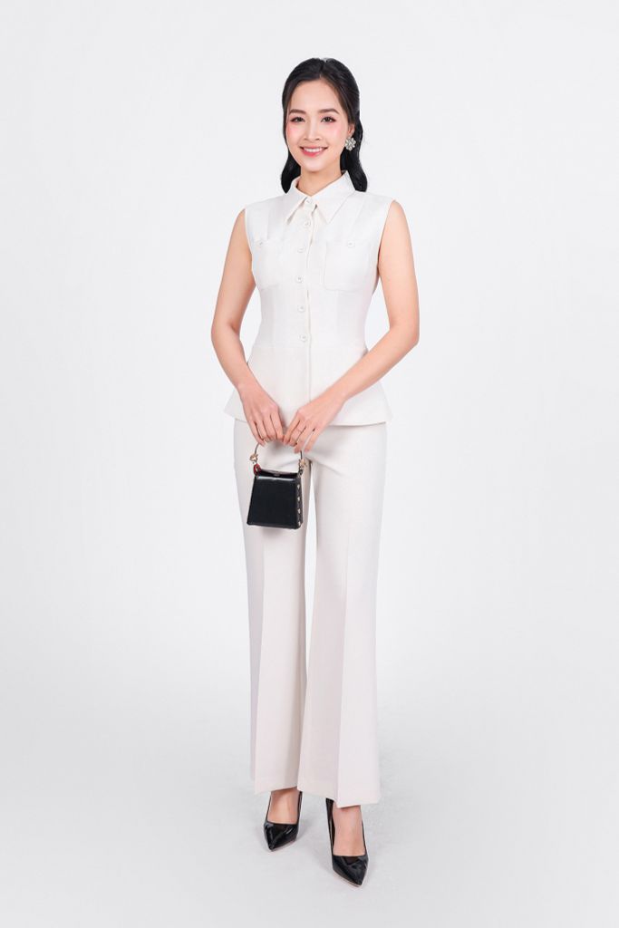 BAK93251 - Áo kiểu công sở vải thô dày dáng ôm cổ đức không tay ngực áo có túi đính khuy bọc tạo kiểu - PANTIO