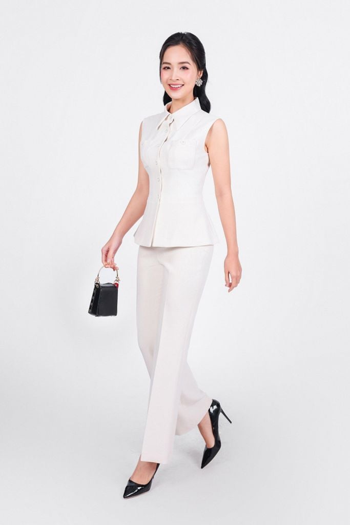 BAK93251 - Áo kiểu công sở vải thô dày dáng ôm cổ đức không tay ngực áo có túi đính khuy bọc tạo kiểu - PANTIO