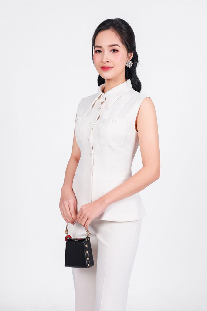 BAK93251 - Áo kiểu công sở vải thô dày dáng ôm cổ đức không tay ngực áo có túi đính khuy bọc tạo kiểu - PANTIO