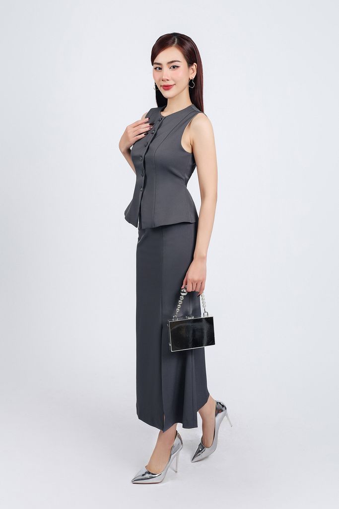 BAK93277 - Áo kiểu gile công sở vải tuytsi cổ tròn chiết eo cài khuy thân trước - PANTIO