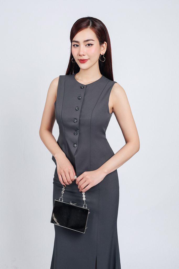 BAK93277 - Áo kiểu gile công sở vải tuytsi cổ tròn chiết eo cài khuy thân trước - PANTIO