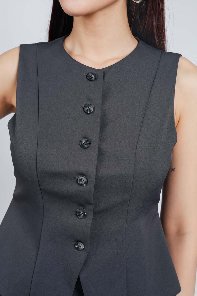 BAK93277 - Áo kiểu gile công sở vải tuytsi cổ tròn chiết eo cài khuy thân trước - PANTIO