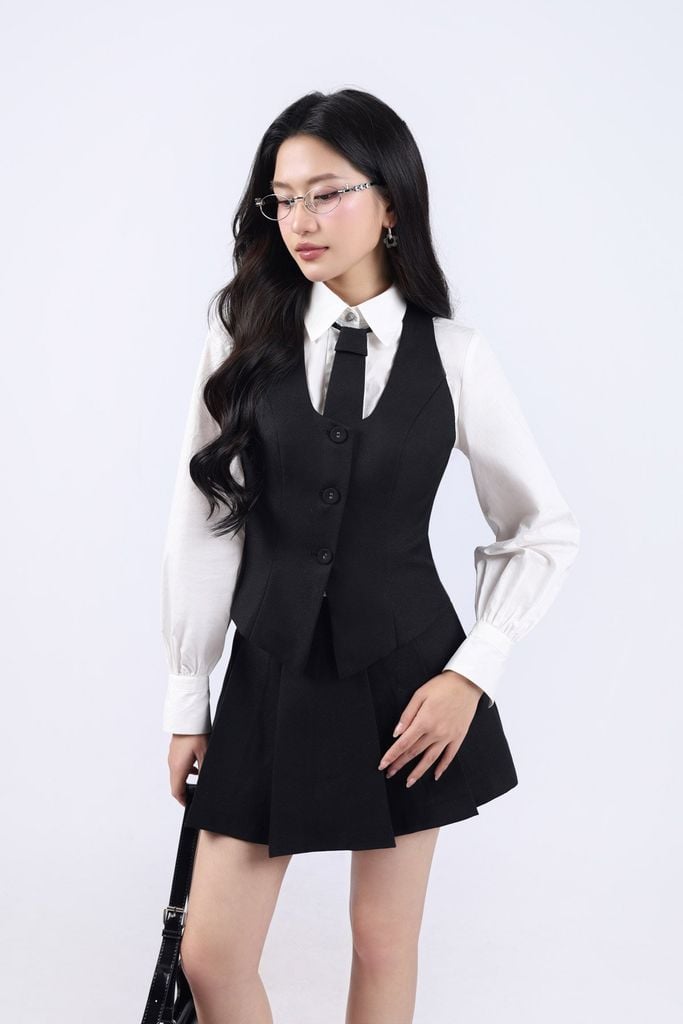 BJN33435 - Chân váy ngắn vải thô dày phối ly bong tạo kiểu kèm dây lưng thắt eo thời trang - JAN.