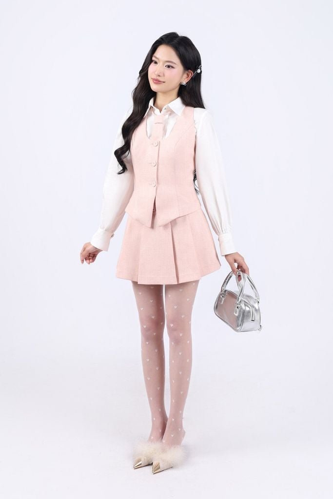 BKM33435 - Áo khoác gile vải thô dày cổ tròn gấu xẻ cài khuy bọc thân trước kèm cà vạt chun - JAN.