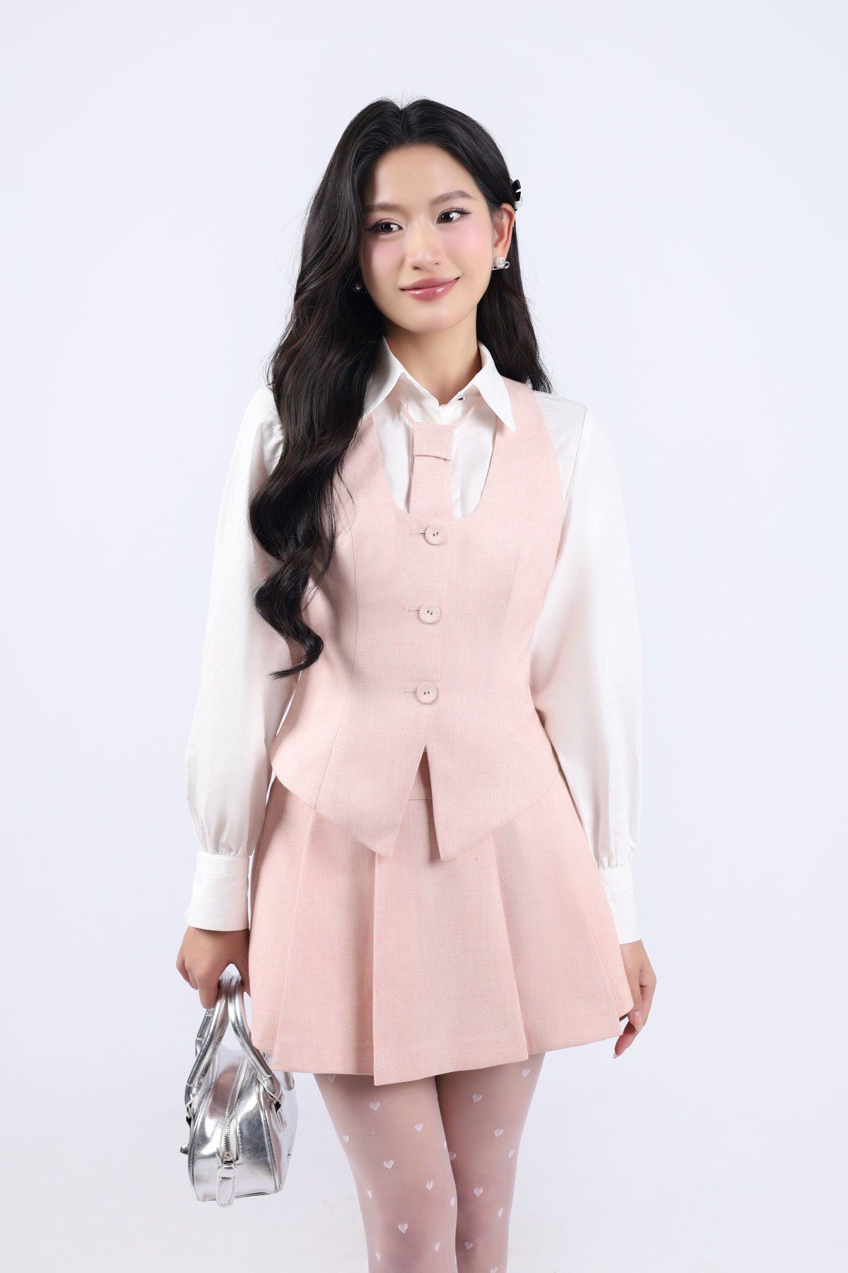 BKM33435 - Áo khoác gile vải thô dày cổ tròn gấu xẻ cài khuy bọc thân trước kèm cà vạt chun - JAN.
