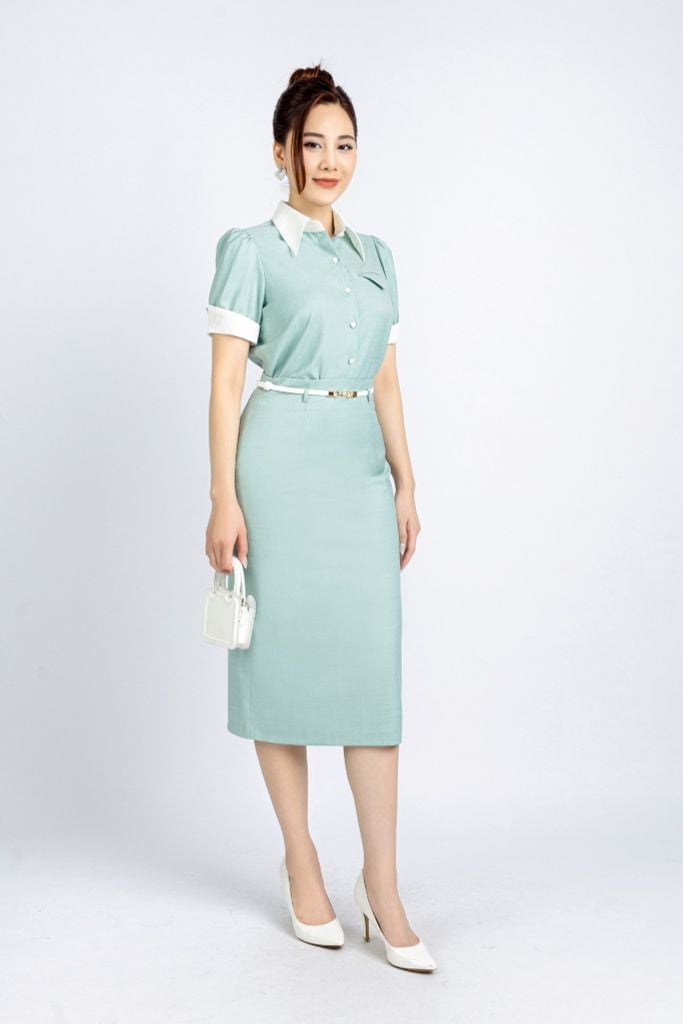 BAS13004 - Áo kiểu công sở vải thô dáng ôm cổ đức phối vải khác màu tạo kiểu tay bồng nhẹ - PANTIO