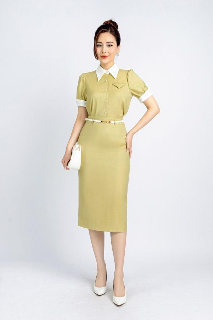 BAS13004 - Áo kiểu công sở vải thô dáng ôm cổ đức phối vải khác màu tạo kiểu tay bồng nhẹ - PANTIO