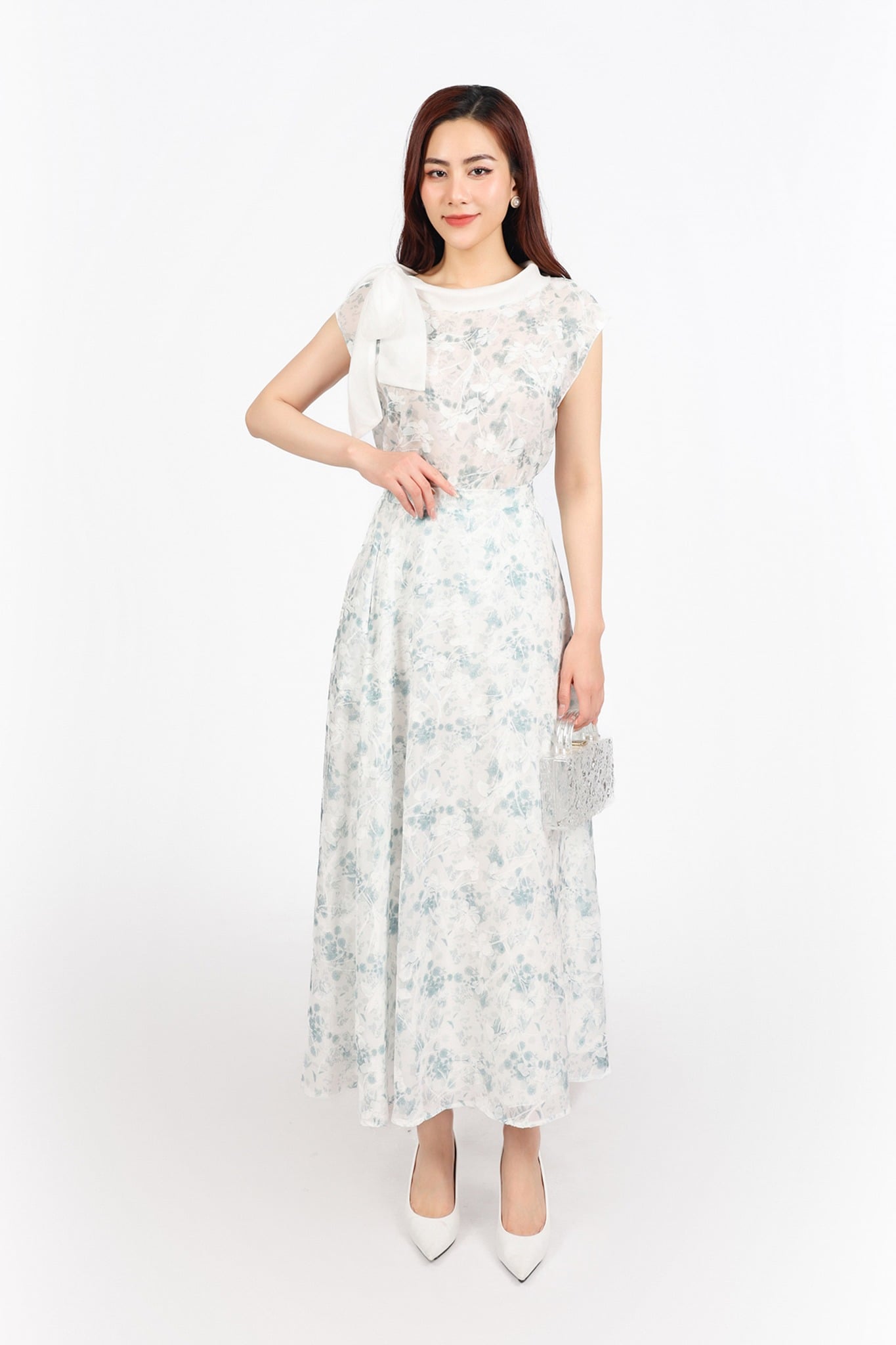 BAS13282 - Áo kiểu dạo phố vải voan hoa dáng suông cổ kiểu phối dây nơ tạo kiểu - PANTIO