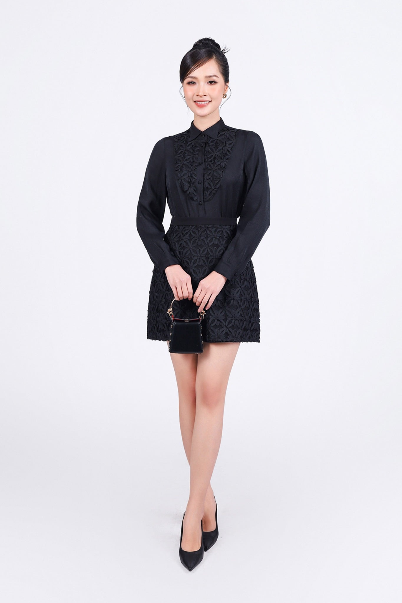 BAS13283 - Áo sơ mi công sở vải tơ dáng suông cổ đức ngực áo phối ren hoa tạo kiểu - PANTIO