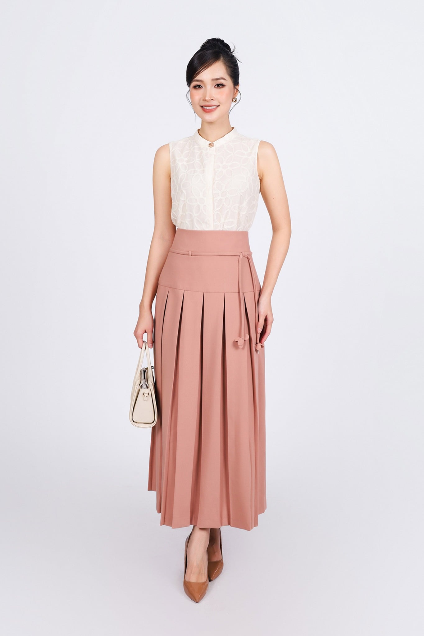 FJD91237 - Chân váy dài công sở vải thô cạp cao phối dây thắt eo thân váy xếp ly xòe tạo kiểu - PANTIO