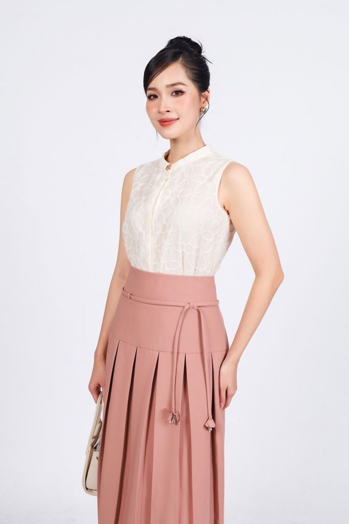 FJD91237 - Chân váy dài công sở vải thô cạp cao phối dây thắt eo thân váy xếp ly xòe tạo kiểu - PANTIO