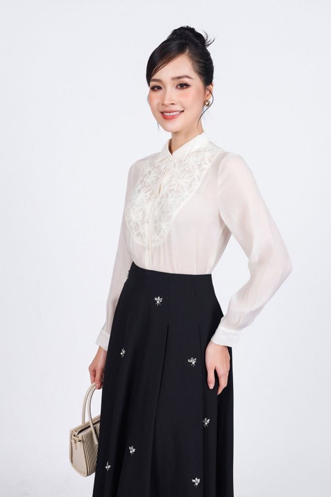 FJD91258 - Chân váy dài công sở vải tuyn dáng A thân váy đính ngọc tạo kiểu khoá thân sau - PANTIO
