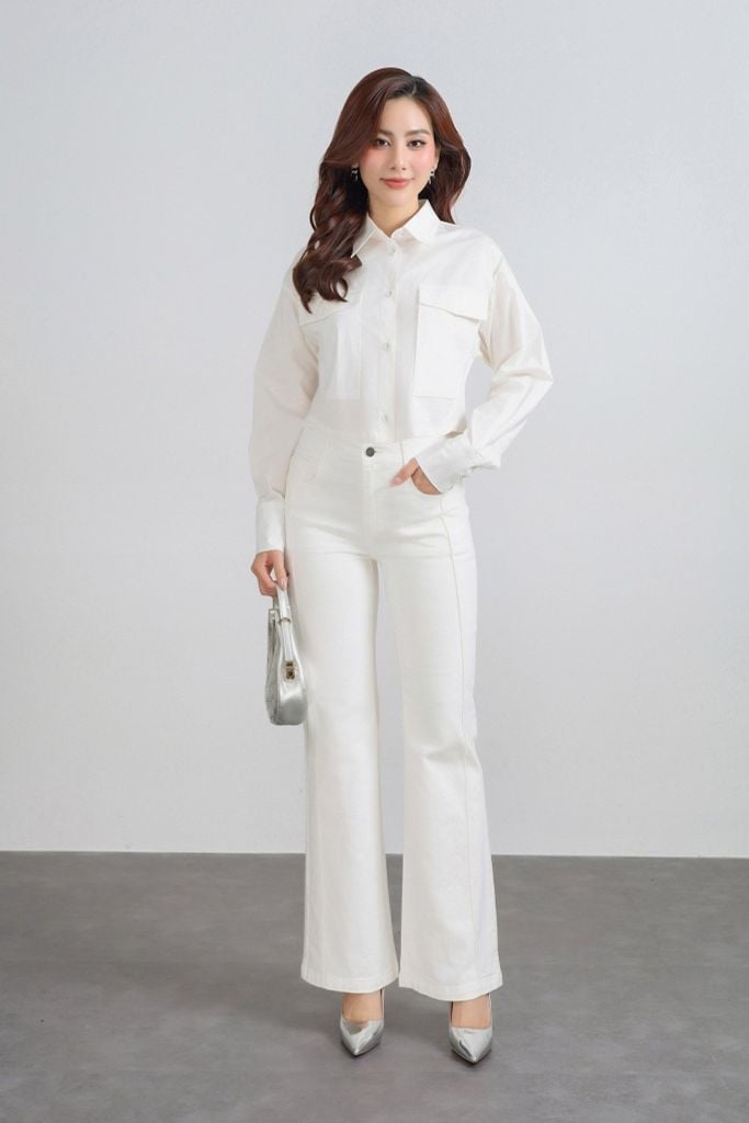 BAS13292 - Áo sơ mi kiểu vải thô kate dáng croptop cổ đức tay phối măng sec ngực áo có túi tạo kiểu - PANTIO