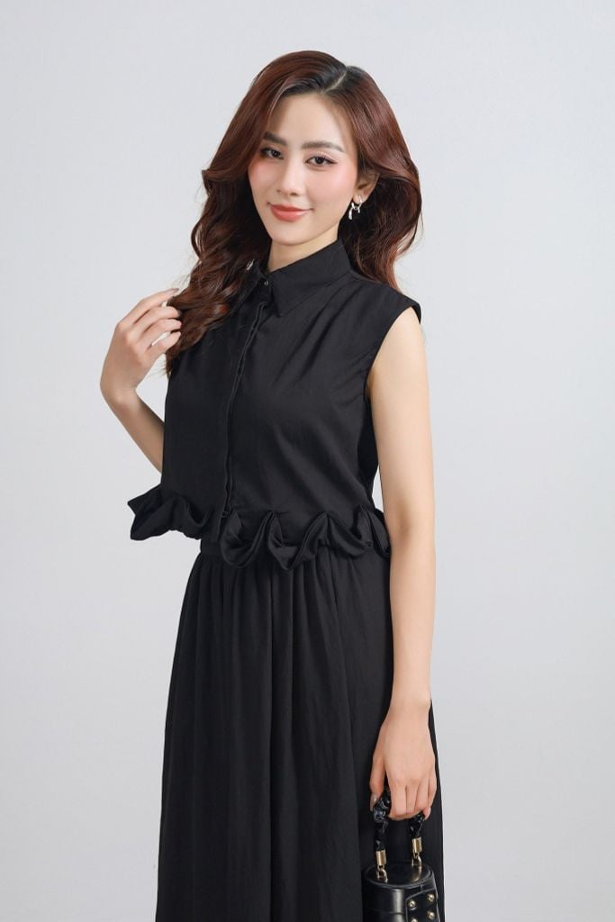 BAS13302 - Áo sơ mi kiểu vải tuyp xy dáng lửng cổ đức gấu áo phối viền nhún tạo kiểu cài khuy thân trước - PANTIO