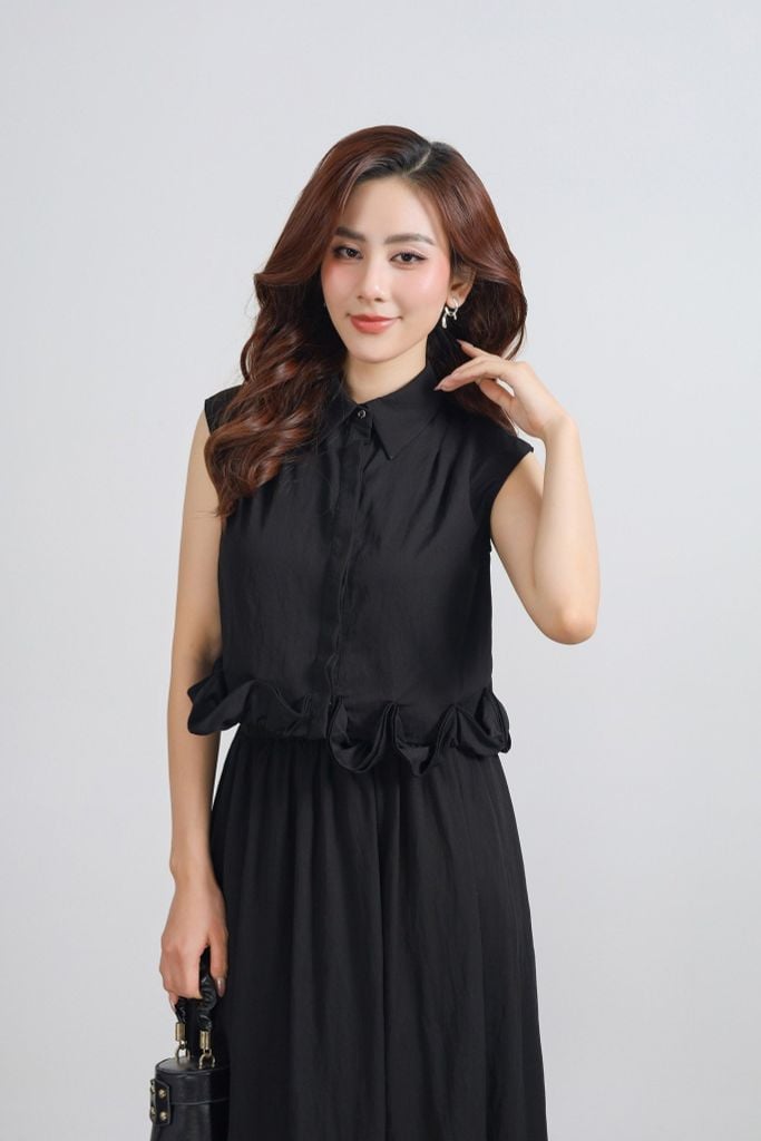 BAS13302 - Áo sơ mi kiểu vải tuyp xy dáng lửng cổ đức gấu áo phối viền nhún tạo kiểu cài khuy thân trước - PANTIO