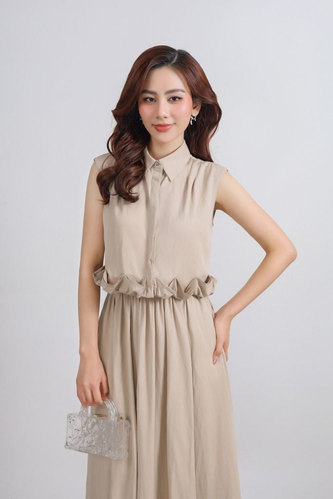 BAS13302 - Áo sơ mi kiểu vải tuyp xy dáng lửng cổ đức gấu áo phối viền nhún tạo kiểu cài khuy thân trước - PANTIO
