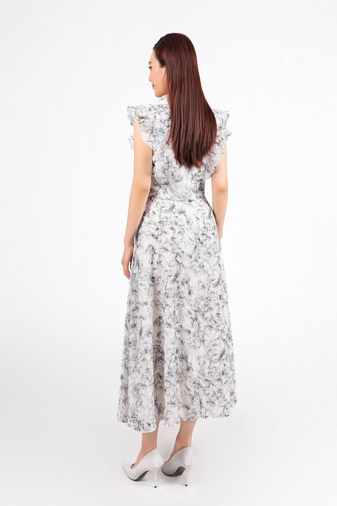 BAS13373 - Áo sơ mi công sở vải voan hoa dáng croptop cổ kiểu vai cánh tiên cài khuy trước - PANTIO