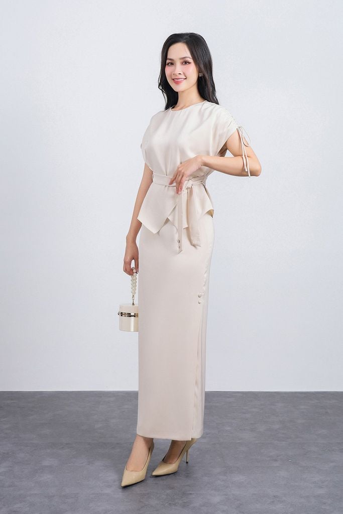 BAS13375 - Áo sơ mi công sở vải tuyp xy dáng suông cổ tròn vai chờm phối dây rút gấu áo vạt lệch tạo kiểu kèm dây đai - PANTIO
