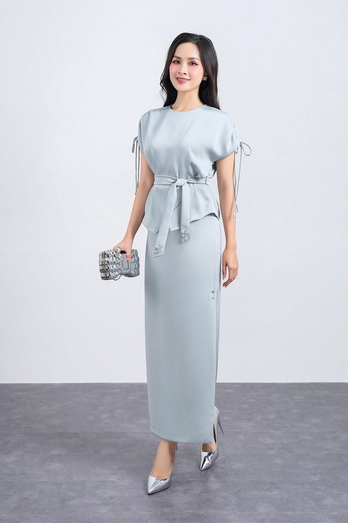 BAS13375 - Áo sơ mi công sở vải tuyp xy dáng suông cổ tròn vai chờm phối dây rút gấu áo vạt lệch tạo kiểu kèm dây đai - PANTIO