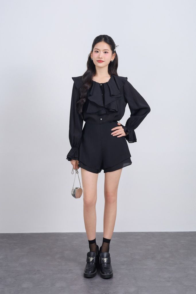 BAS13458 - Áo sơ mi vải tơ dáng suông cổ tròn phối viền bèo thân áo đính khuy đá tạo kiểu - JAN.