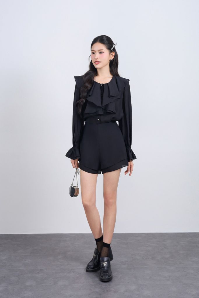 BQN13458 - Quần short vải tơ dáng suông gấu quần xếp tầng tạo kiểu khoá thân sau - JAN.