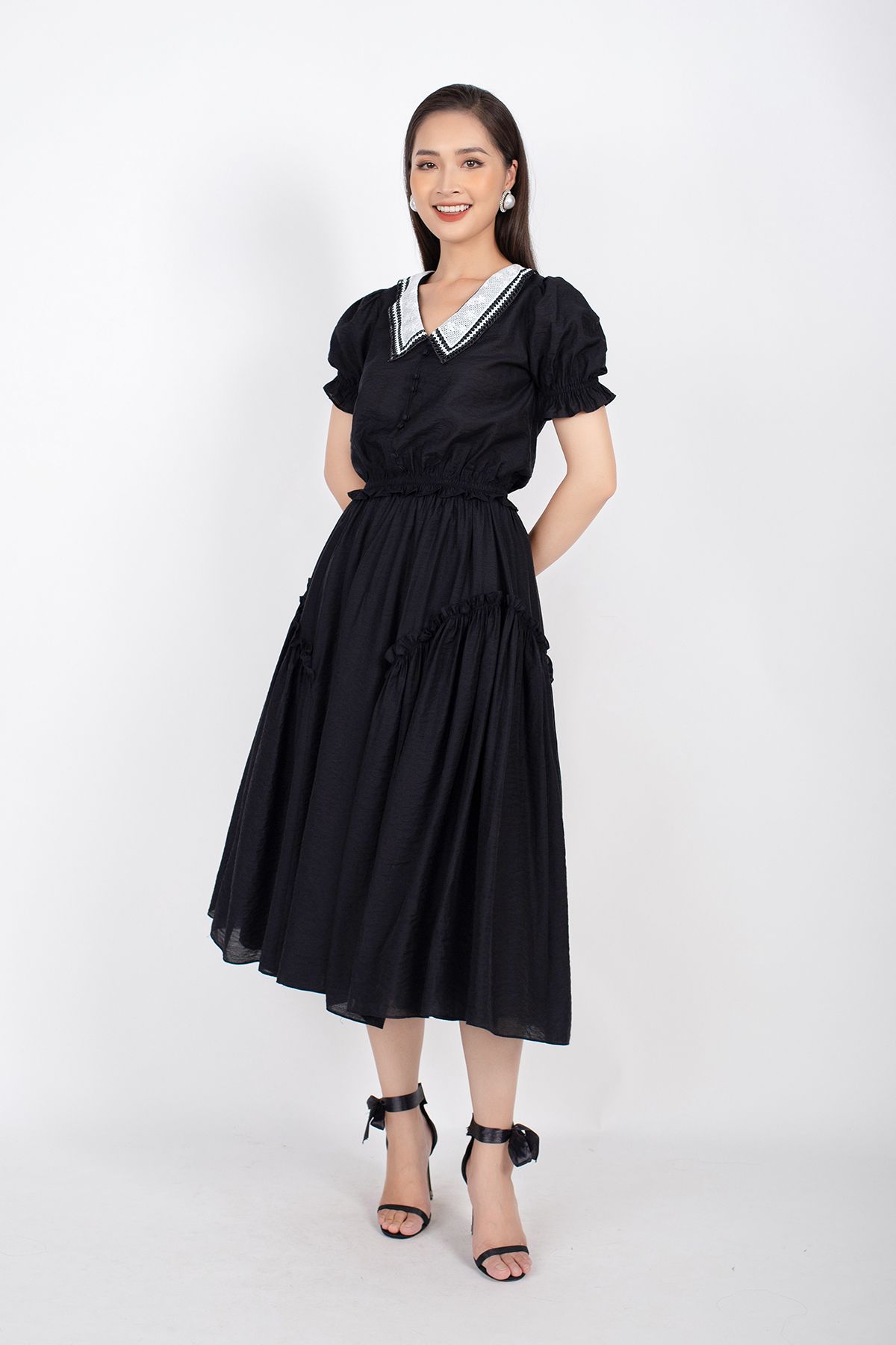 BJD32641 - Chân váy midi vài thô dáng Xoè cạp chun sau xếp bèo hai bên hông - PANTIO