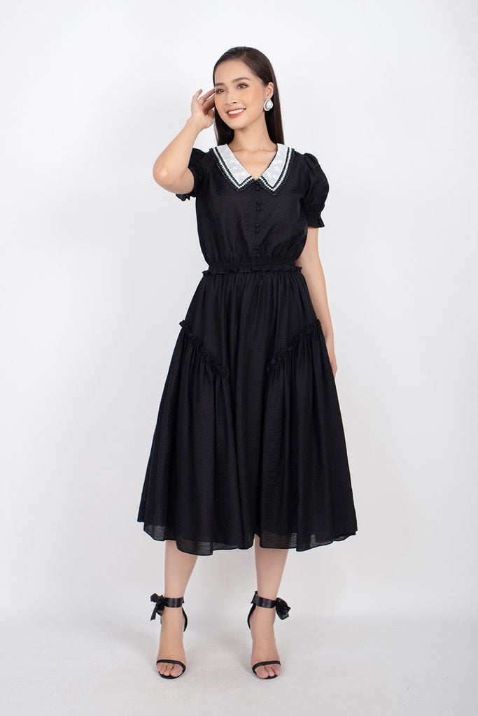 BJD32641 - Chân váy midi vài thô dáng Xoè cạp chun sau xếp bèo hai bên hông - PANTIO