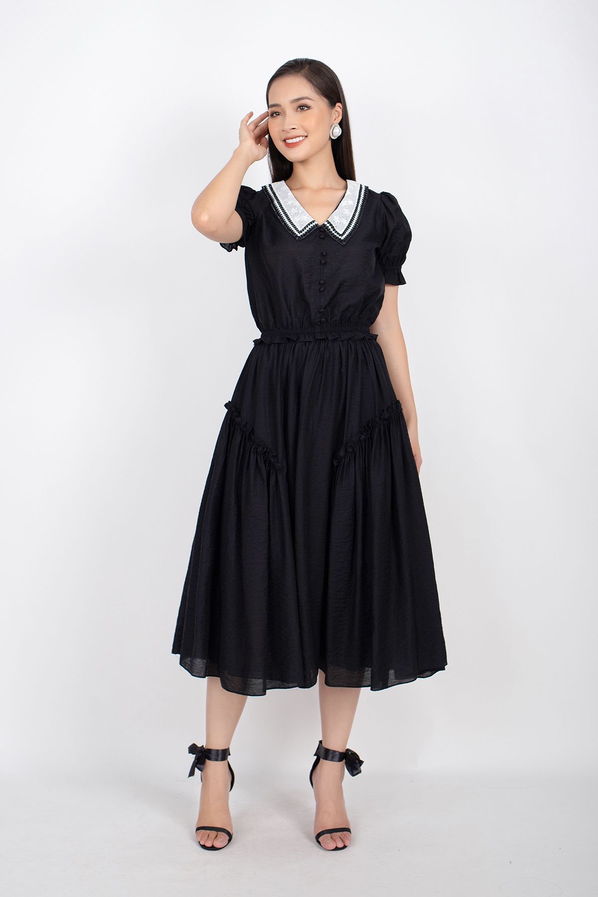 BJD32641 - Chân váy midi vài thô dáng Xoè cạp chun sau xếp bèo hai bên hông - PANTIO