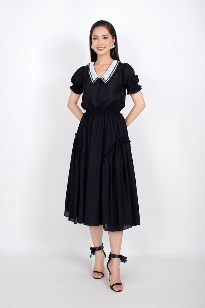 BJD32641 - Chân váy midi vài thô dáng Xoè cạp chun sau xếp bèo hai bên hông - PANTIO