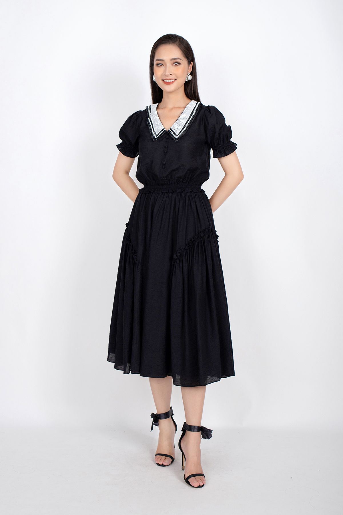 BJD32641 - Chân váy midi vài thô dáng Xoè cạp chun sau xếp bèo hai bên hông - PANTIO