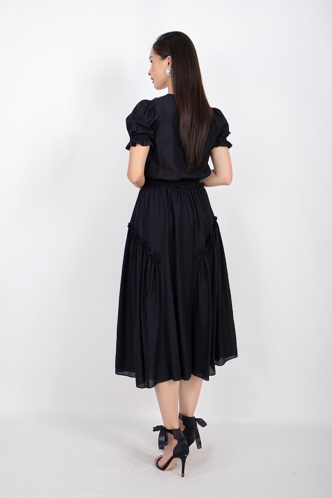 BJD32641 - Chân váy midi vài thô dáng Xoè cạp chun sau xếp bèo hai bên hông - PANTIO