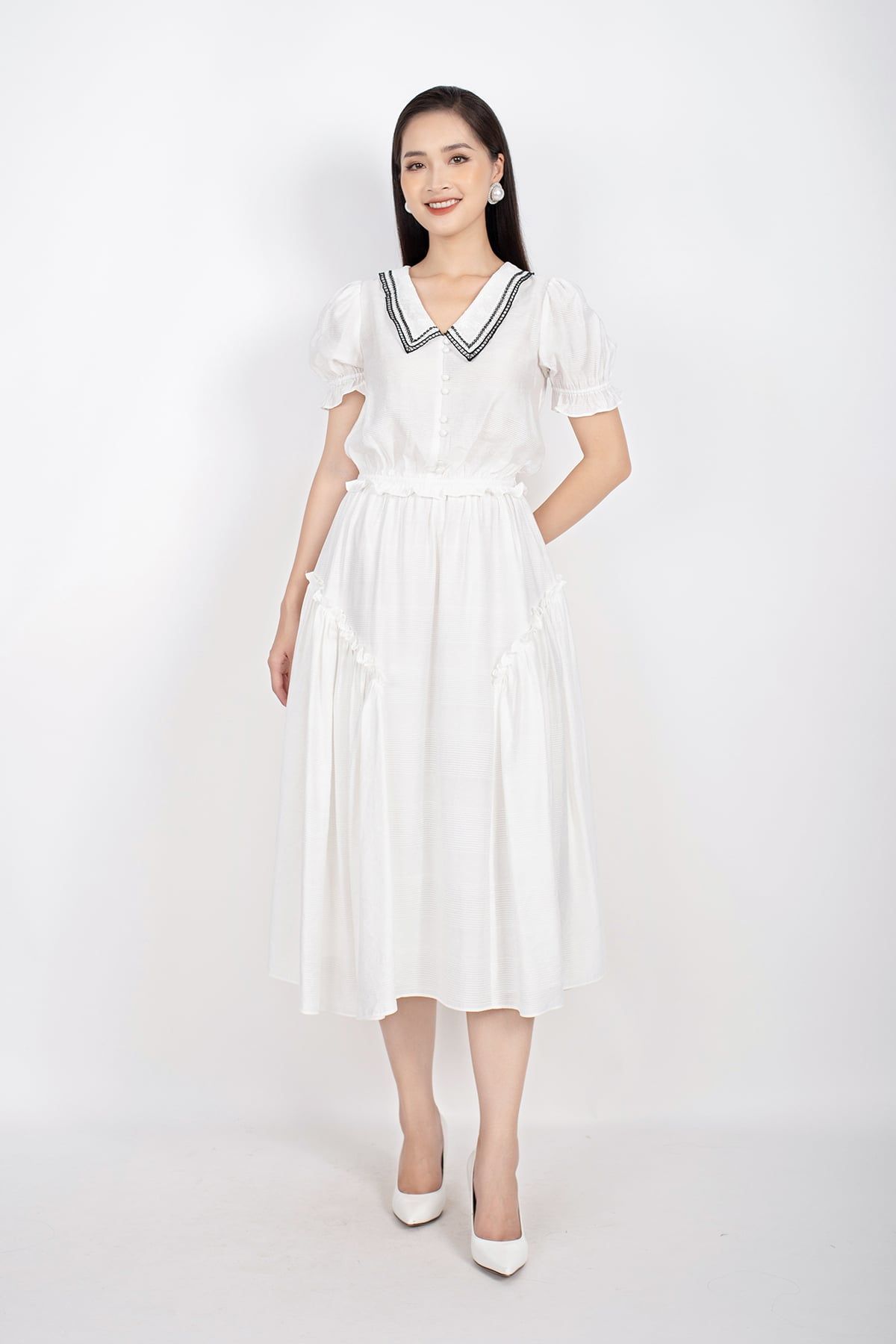 BJD32641 - Chân váy midi vài thô dáng Xoè cạp chun sau xếp bèo hai bên hông - PANTIO