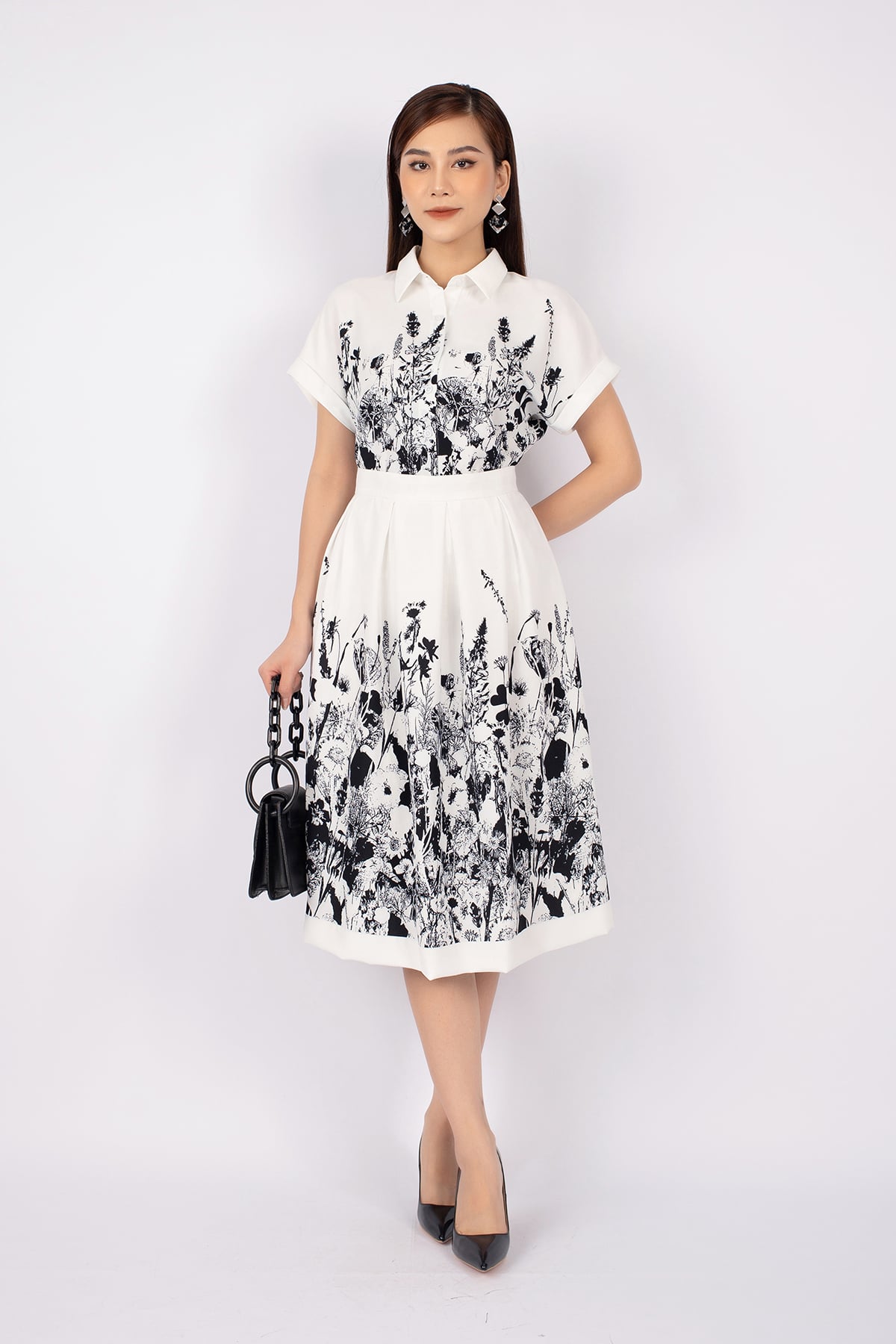 BJD32642 - Chân váy midi công sở vải lụa dáng Xoè xếp nếp khóa thân sau - PANTIO