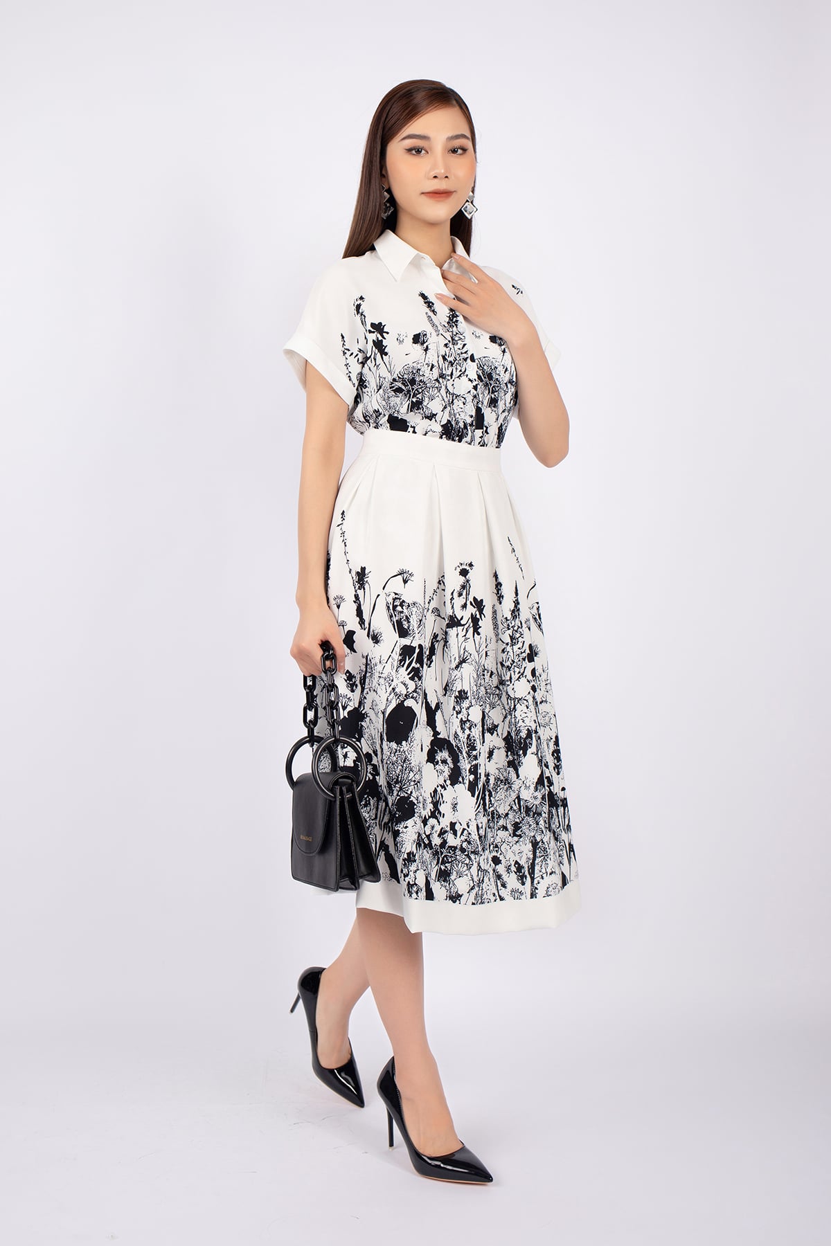 BJD32642 - Chân váy midi công sở vải lụa dáng Xoè xếp nếp khóa thân sau - PANTIO