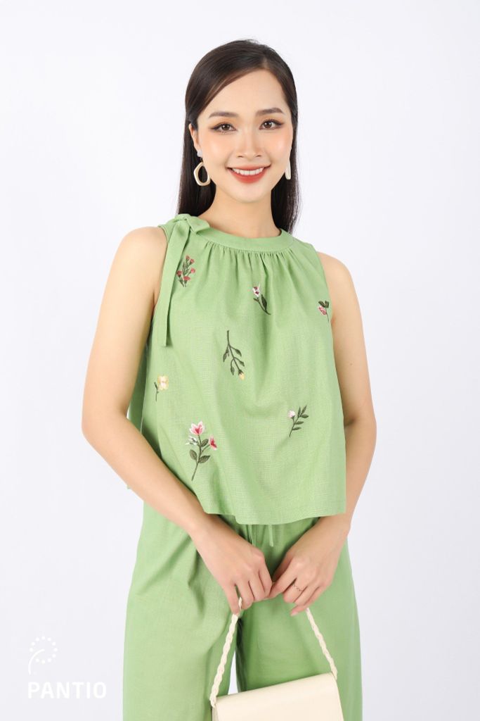 BAS32775 - Áo kiểu dạo phố vải linen dáng A cổ nhún phối nơ thân trang trí hình thêu - tỷ lệ kèo 8899