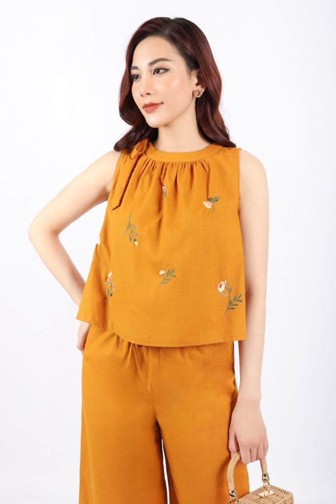 BAS32775 - Áo kiểu dạo phố vải linen dáng A cổ nhún phối nơ thân trang trí hình thêu - tỷ lệ kèo 8899