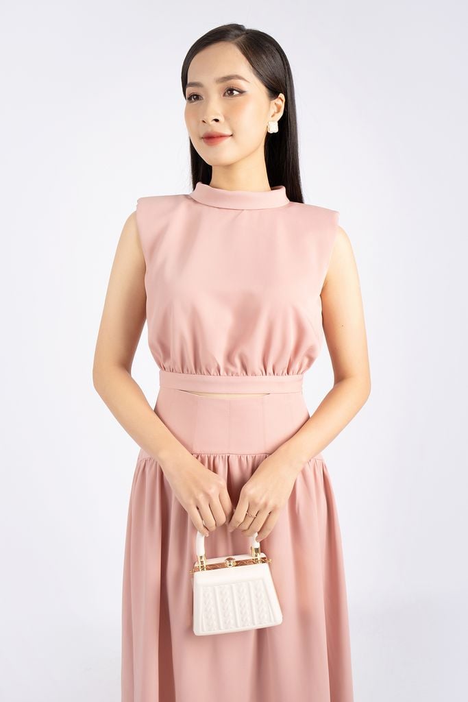 BAS32789 - Áo kiểu dạo phố vải tuytsi dáng croptop cổ tròn bẻ vai chờm phối độn tạo kiểu - PANTIO