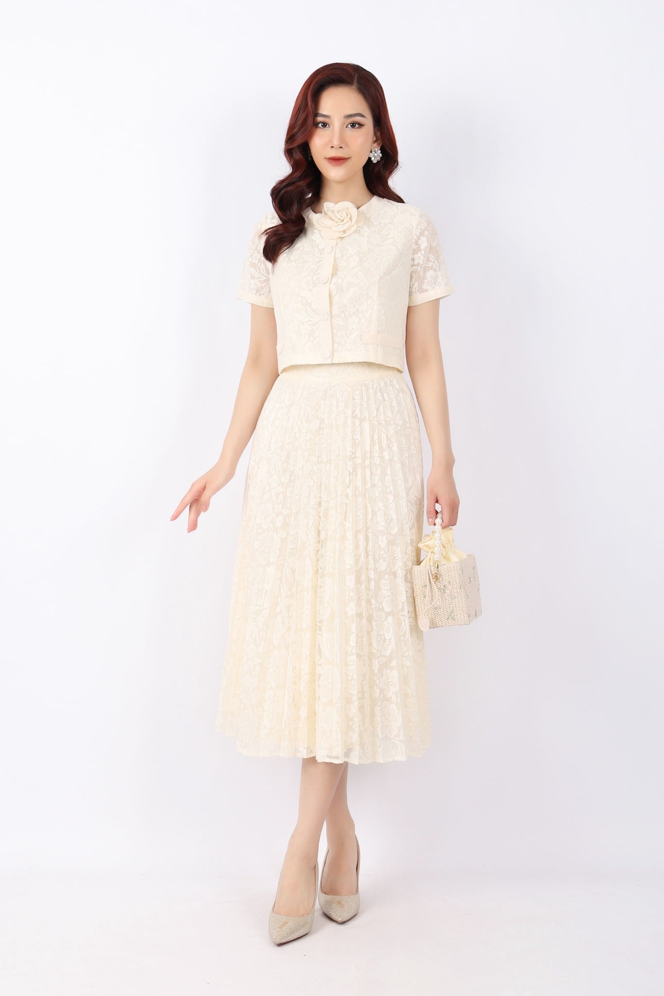 BJD32839 - Chân váy công sở vải ren dáng Xoè cạp chun dài qua gối - PANTIO