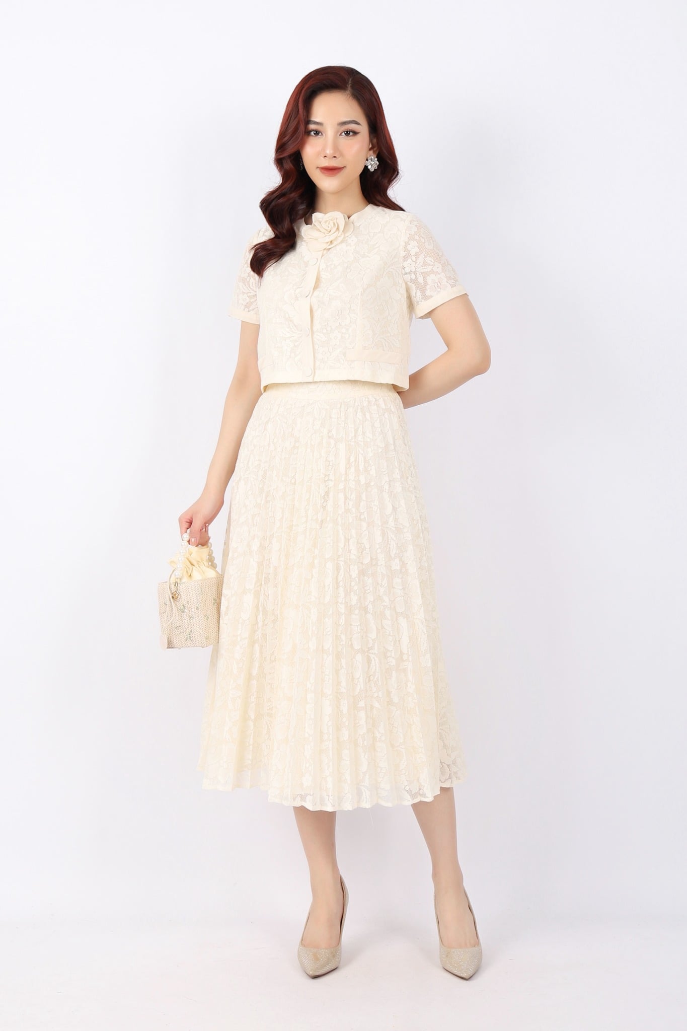 BJD32839 - Chân váy công sở vải ren dáng Xoè cạp chun dài qua gối - PANTIO