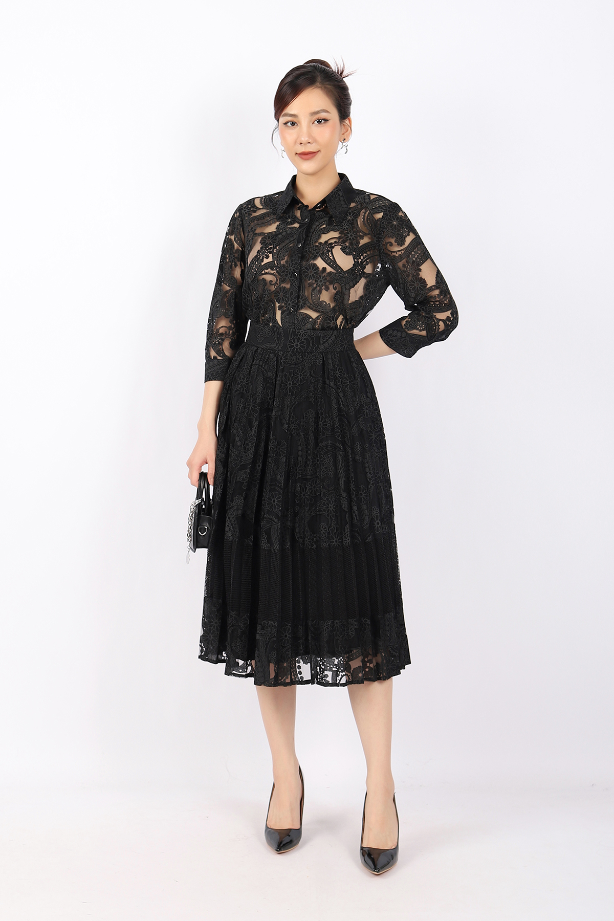 BJD32848 - Chân váy công sở vải ren lưới dáng Xoè rập ly khóa thân sau - PANTIO