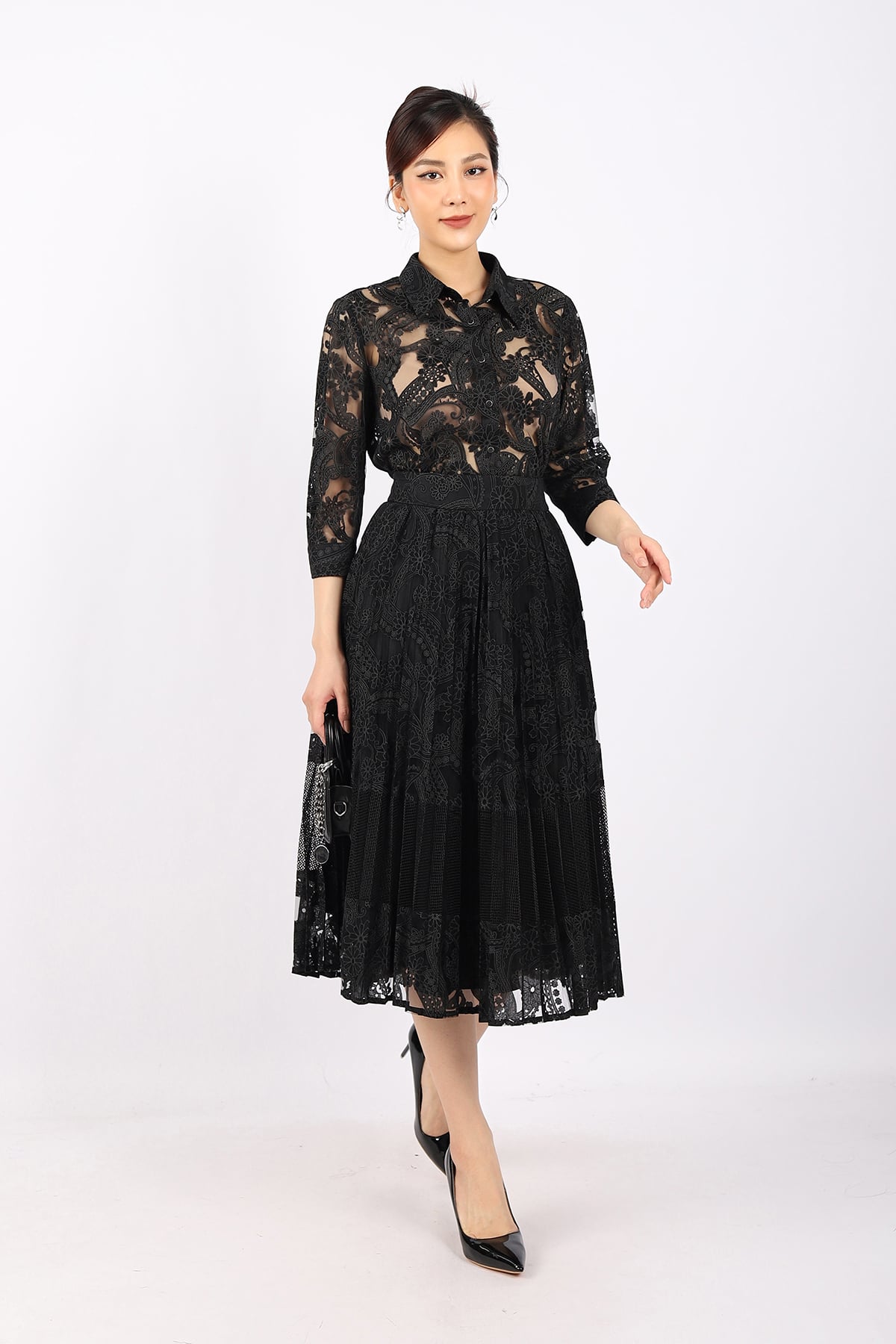 BJD32848 - Chân váy công sở vải ren lưới dáng Xoè rập ly khóa thân sau - PANTIO