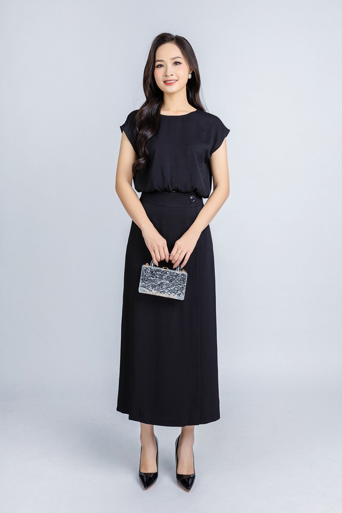 BQL33029 - Quần công sở vải thô đũi dáng suông thân trước phối vạt lệch giả váy ống rộng khoá thân sau - PANTIO