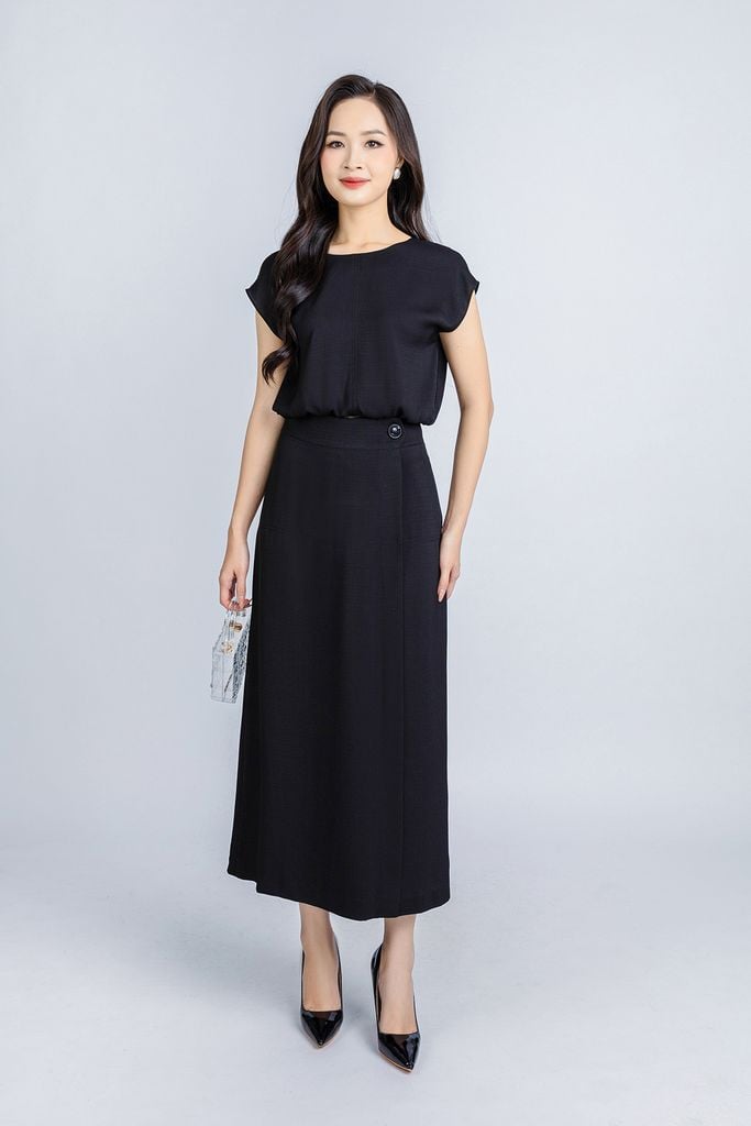 BQL33029 - Quần công sở vải thô đũi dáng suông thân trước phối vạt lệch giả váy ống rộng khoá thân sau - PANTIO