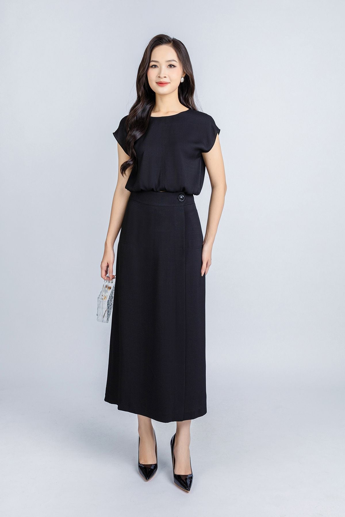 BQL33029 - Quần công sở vải thô đũi dáng suông thân trước phối vạt lệch giả váy ống rộng khoá thân sau - PANTIO