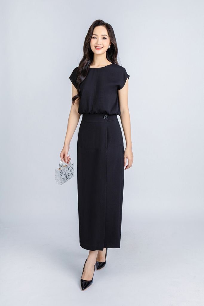 BQL33029 - Quần công sở vải thô đũi dáng suông thân trước phối vạt lệch giả váy ống rộng khoá thân sau - PANTIO