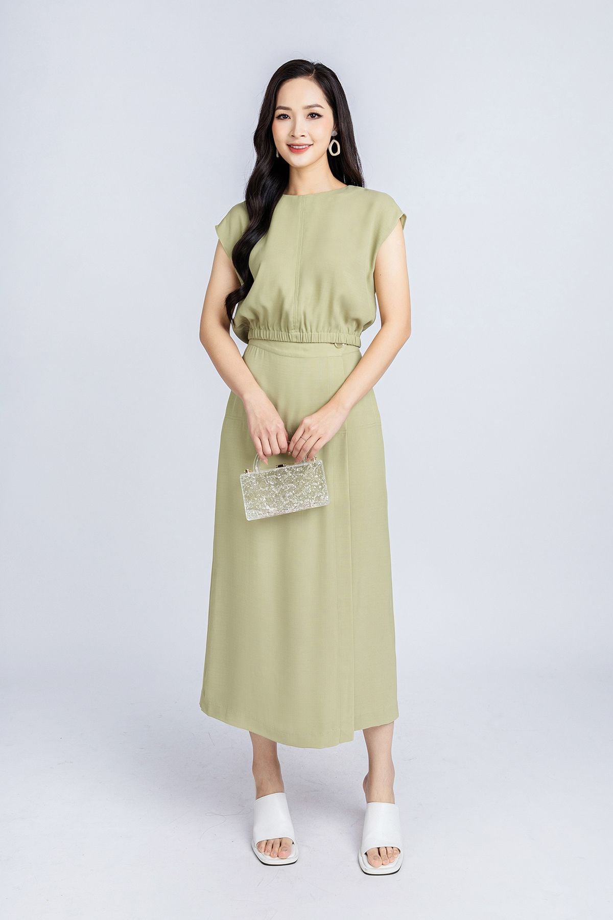 BQL33029 - Quần công sở vải thô đũi dáng suông thân trước phối vạt lệch giả váy ống rộng khoá thân sau - PANTIO