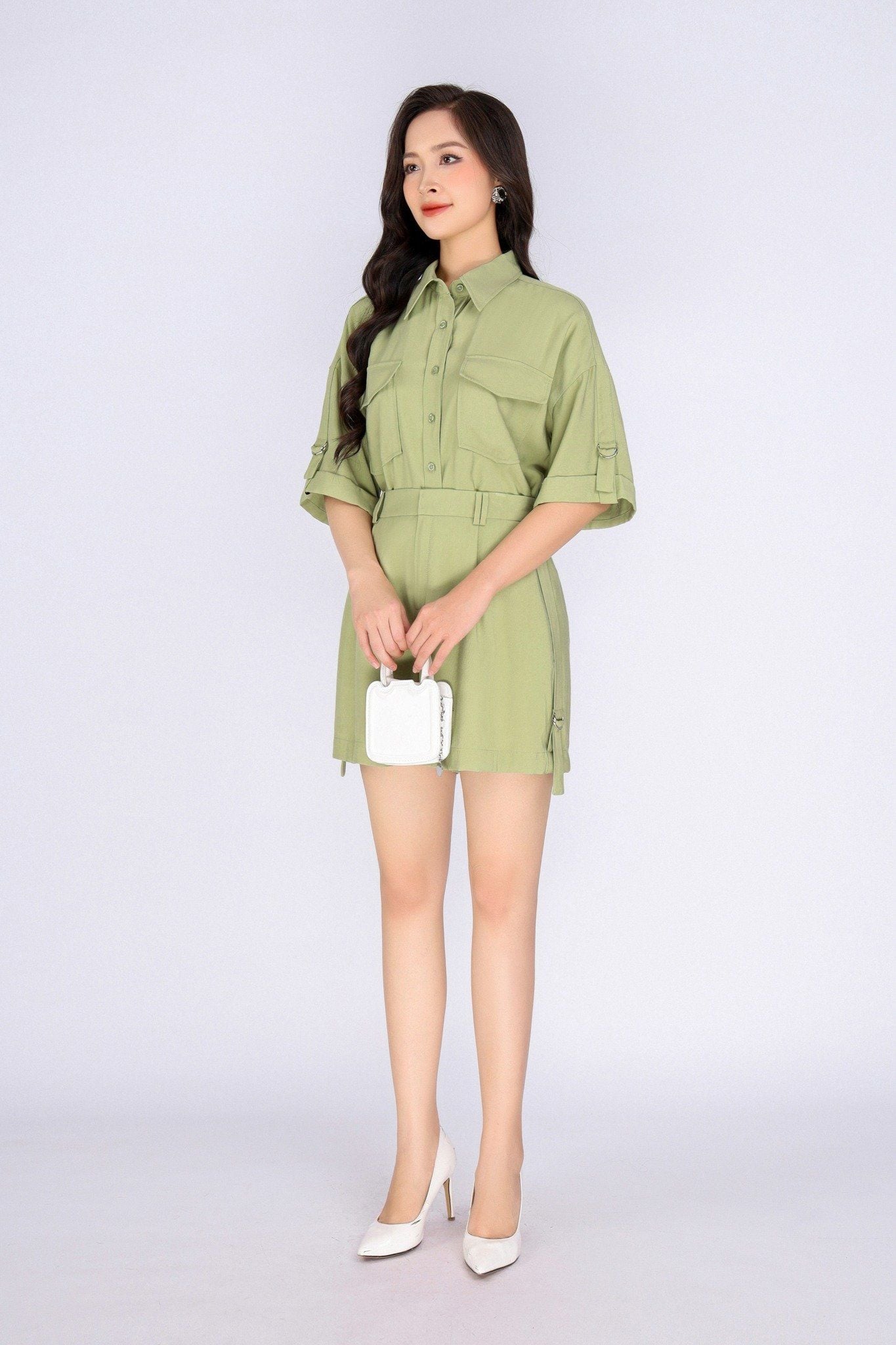 BQN33040 - Quần short dạo phố vải thô đũi dáng suông ống rộng phối đai hai bên sườn tạo kiểu - PANTIO