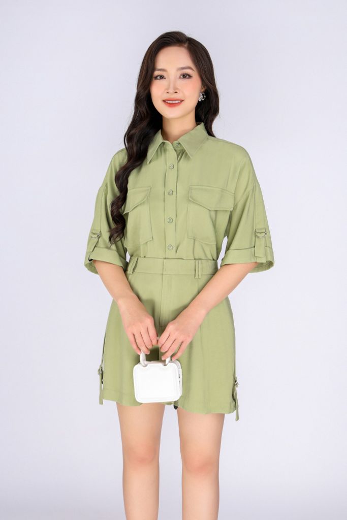 BQN33040 - Quần short dạo phố vải thô đũi dáng suông ống rộng phối đai hai bên sườn tạo kiểu - PANTIO