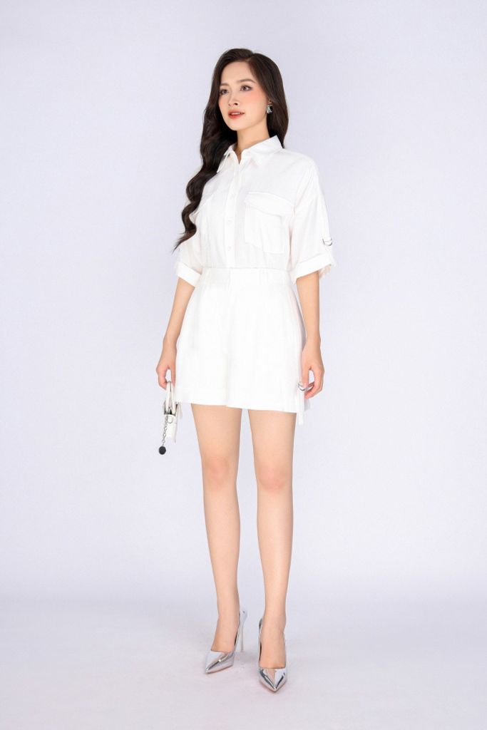 BQN33040 - Quần short dạo phố vải thô đũi dáng suông ống rộng phối đai hai bên sườn tạo kiểu - PANTIO